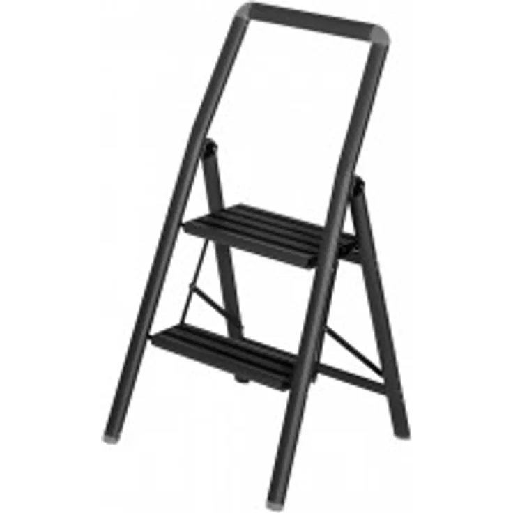 Wenko Alu-Klapptrittleiter Compact 2-stufig Schwarz, leichte & rutschfeste Haushaltsleiter, Sicherheits-Stehleiter