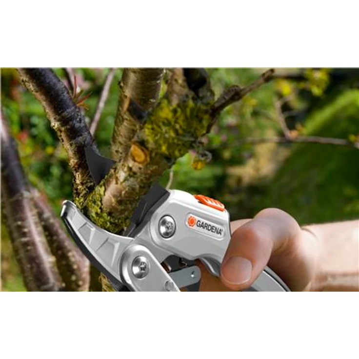 GARDENA Ratschenschere SmartCut Stabile Gartenschere mit Amboss-Schneide für stärkeres und trockenes Holz bis 25 mm Durchmesser, zwei Griffpositionen, mit Ratschenmechanismus und Alugriffen 8798-20 mittelgroß – Bild 2