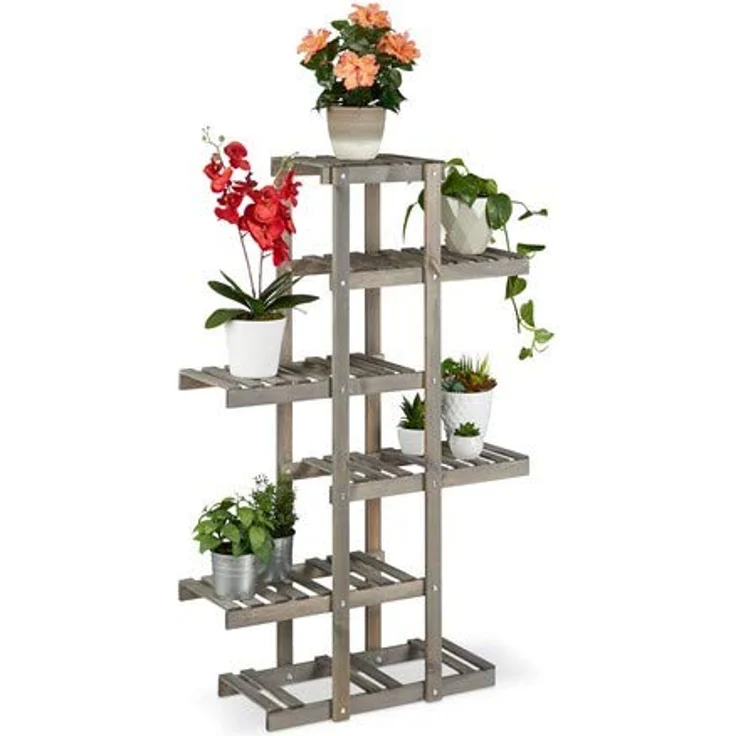 Relaxdays Blumenregal Holz, Blumentreppe 5-stufig, Pflanzenregal Innen, Pflanzentreppe Shabby, HxBxT: 125x81x25 cm, Grau – Bild 1