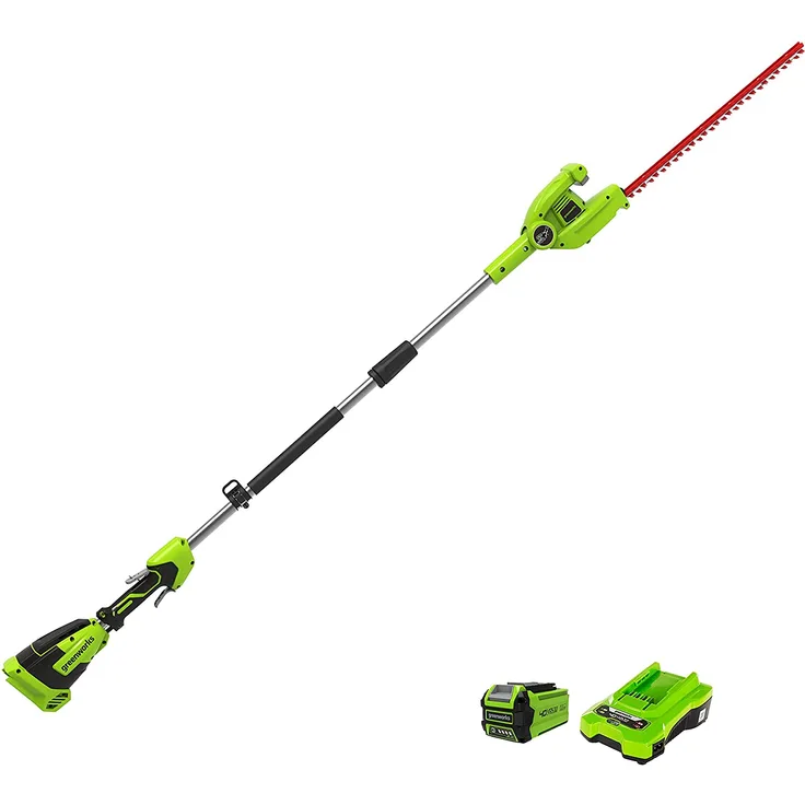 Greenworks Akku Teleskop Heckenschere G40PHA (Li-Ion 40V 51 cm Schwertlänge 18 mm Zahnabstand 3200 Schnitte/Min bis auf 250cm ausziehbarer Schaft mit 2Ah Akku und Ladegerät)