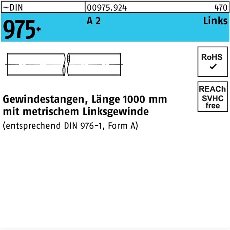 Reyher Gewindestange DIN 975 links M 6 -LH x 1000mm A 2