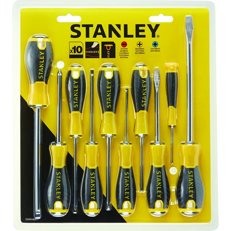 Stanley STA060211 Tools 060211 0-60-211 Essential Schraubendreher-Set, 10 Stück, PH-SL-PZ, Gelb-Schwarz, One size