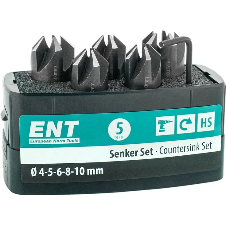 Ent European Norm Tools - ENT 26516 5-tlg Aufsteckversenker-Set HSS, Durchmesser (d) 4, 5, 6, 8 und 10 mm, e 90°, Rechts