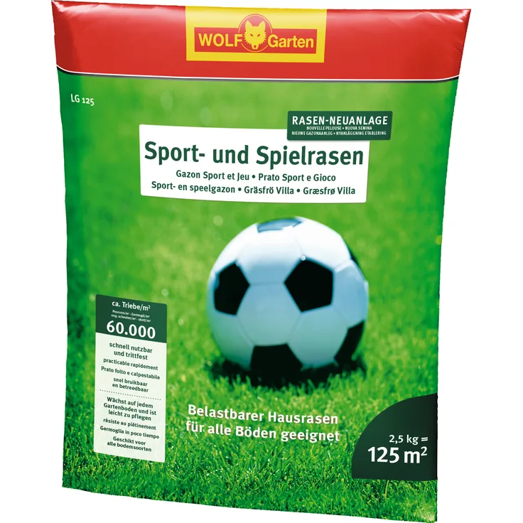 Wolf-Garten Rasensamen Sport- und Spielrasen 2,5 kg, 125m² alle Bodenarten, Rasendichte 60000 Triebe/m²