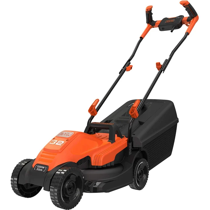 Black+Decker Elektro-Rasenmäher mit Fahrradlenker-Griff - 1.200W, 32cm Schnittbreite, 3-fach axial Höhenverstellung, 35l Fangbehälter, ideal für kleine Gärten - BEMW451BH – Bild 1