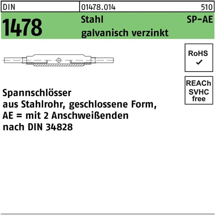 Reyher Spannschloss DIN 1478 geschlossen SP-AE M 20 Stahl 3.6 galvanisch verzinkt galvanisch verzinkt