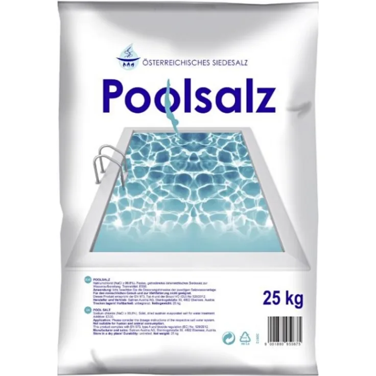 Salinen Poolsalz 25 kg NaCI Gehalt von 99,9 %, Desinfektion des Badewassers von Schwimmbecken, niedriger Sulfatgehalt