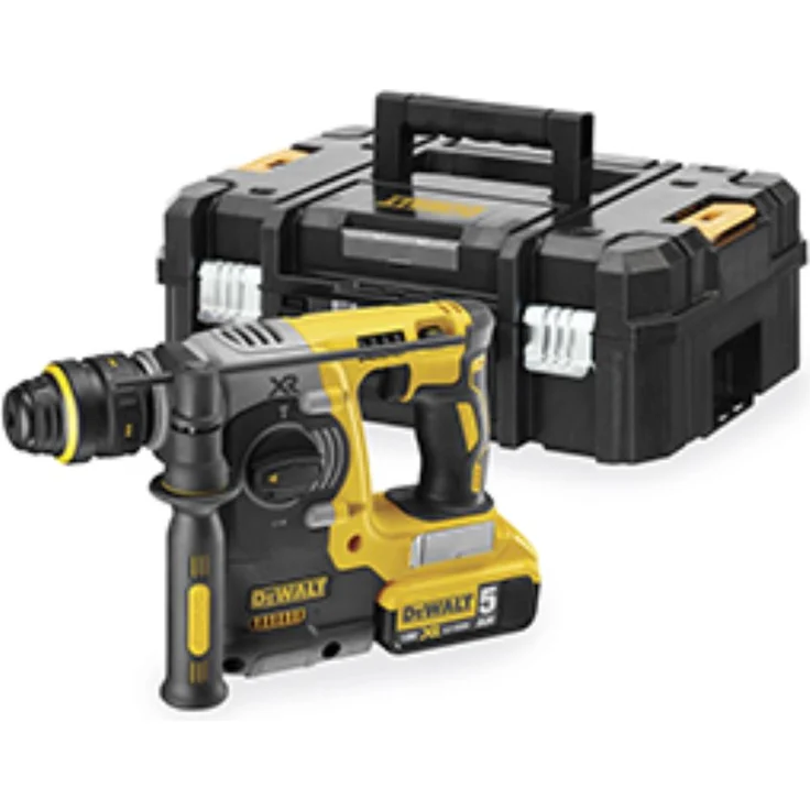 DeWalt SDS-Plus XR Akku-Kombi-Hammer (18V, 5 Ah, 24mm, bürstenlos, 13mm-Schnellspann-Bohrfutter, für Beton, Ziegel und Mauerwerk von 4 - 24 mm, inkl. 2x Akkus, System-Schnellladegerät, Tstak Box II und Zubehör), DCH274P2T