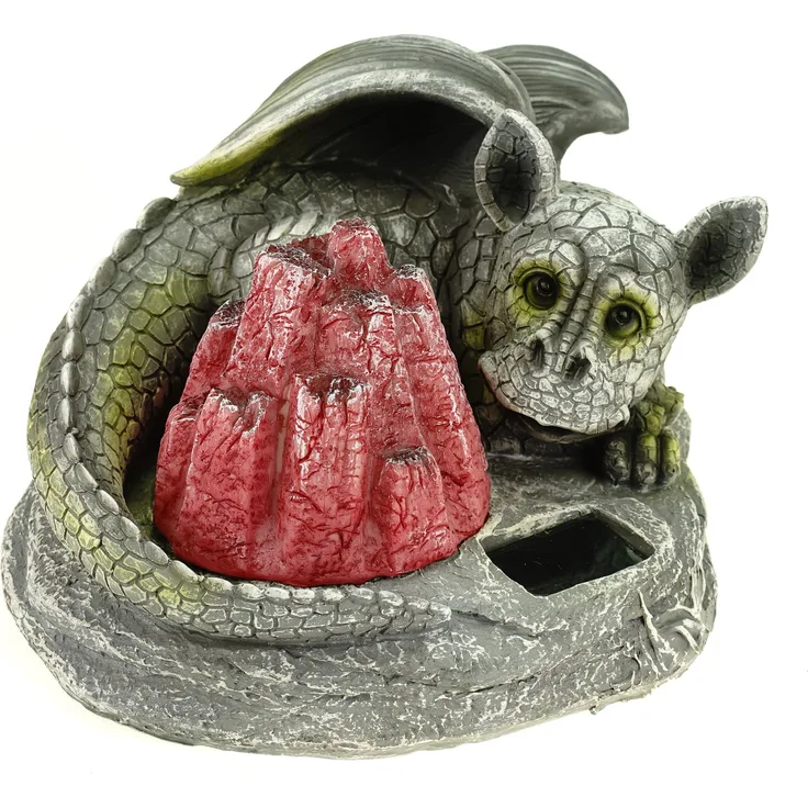 Kremers Schatzkiste - Kremers-Schatzkiste Drachenkind am Lavastein Feuer LED 27 cm Drache Figur Gartenfigur Solarfigur