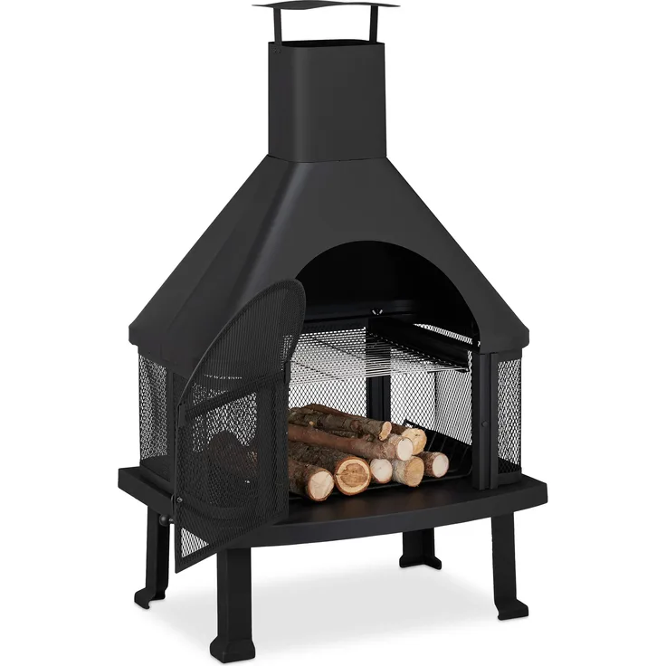 Relaxdays, schwarz Terrassenofen mit Grill, Feuerstelle mit Funkenschutz, Schürhaken, massiv, Stahl, 110 x 63 x 51 cm
