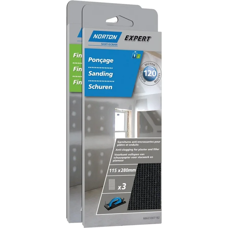 Norton Sandpapier - Schleifpapier für Gips-Putz, 115 mm x 280 mm, Körnung 120 (3 Stück)