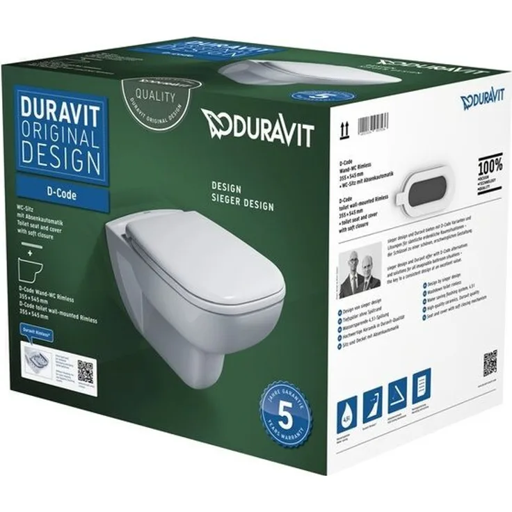 Duravit Wand-WC-Set RIMLESS D-CODE tief, 355 x 540 mm weiß