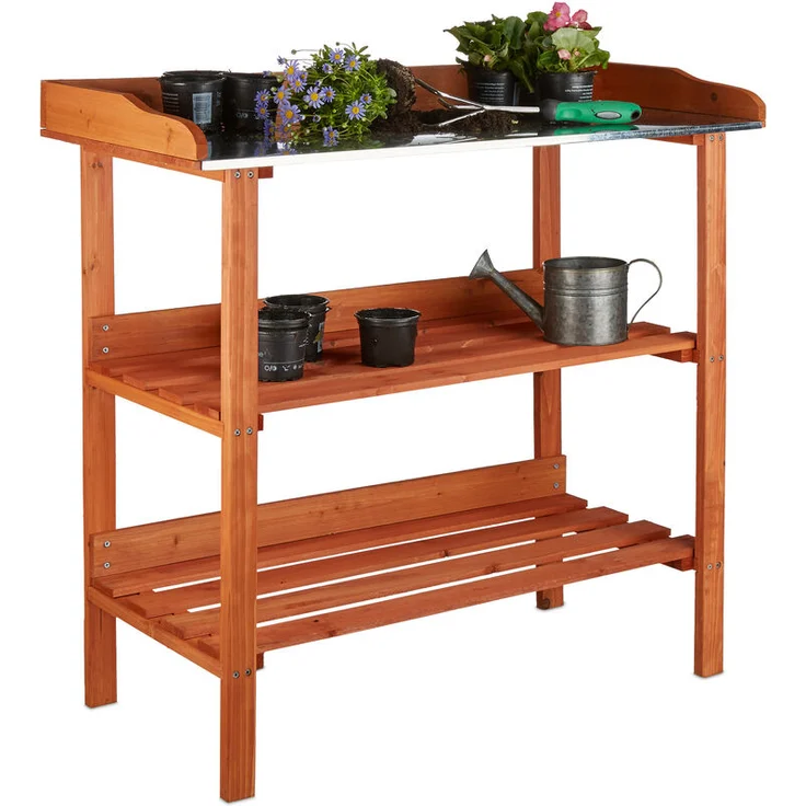 Relaxdays - Pflanztisch, Holz, Metallplatte, 3 Ebenen, Arbeitsplatte Gewächshaus, HBT: 87,5 x 91,8 x 41,5 cm, orange