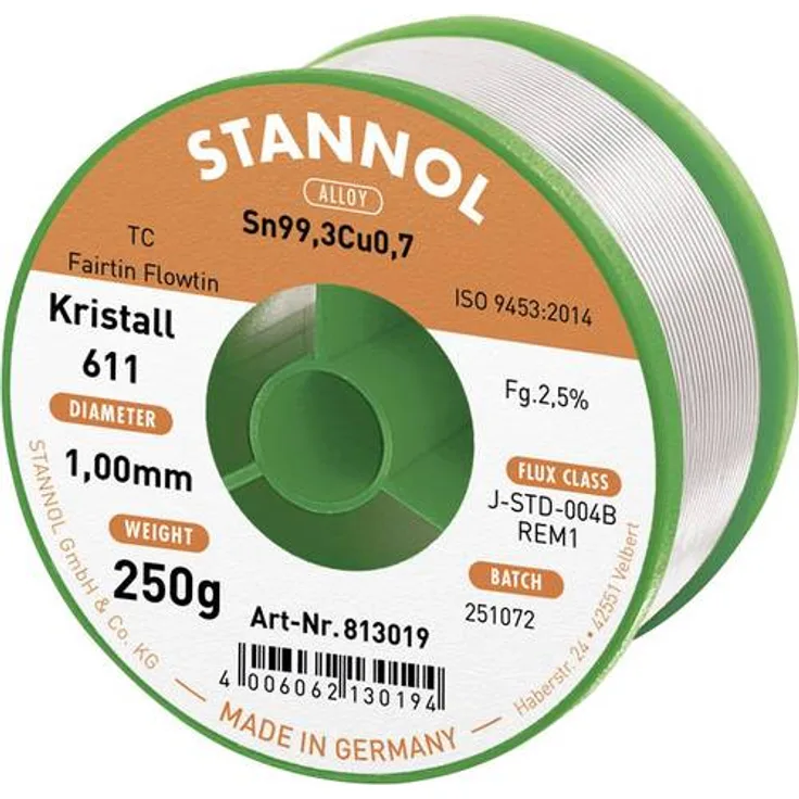Stannol Kristall 611 Fairtin Lötzinn, bleifrei bleifrei Sn0.7Cu 250g 1.0mm-2