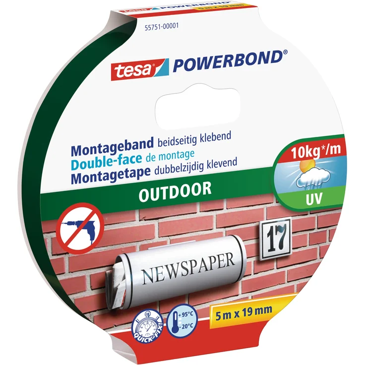 tesa Powerbond Outdoor (Doppelseitiges Montageband für den Außenbereich, Wasserfestes, starkes, UV,beständiges Klebeband, 5 m x 19 mm) - Preisvergleich – Bild 1