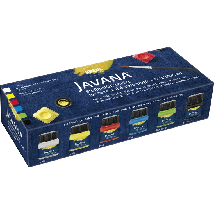 Kreul 90598 - Javana Stoffmalfarbe für helle und dunkle Stoffe, Grundfarbenset, brillante Farbe mit pastosem Charakter, nach Fixierung waschbeständig, 6 x 20 ml Farbe und ein Pinsel