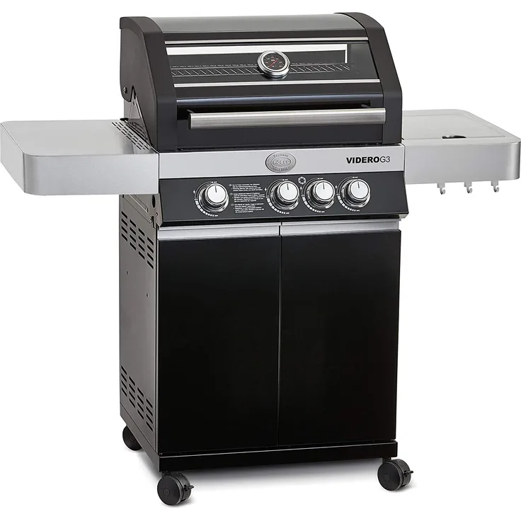 RÖSLE Gasgrill BBQ-Station VIDERO G3 Schwarz, Grill mit 3 Haupt- und 1 Seitenbrenner, Deckel mit Glaseinsatz & Thermometer, beleuchtete Drehknöpfe, pulverbeschichteter Stahl schwarz, Version 2021