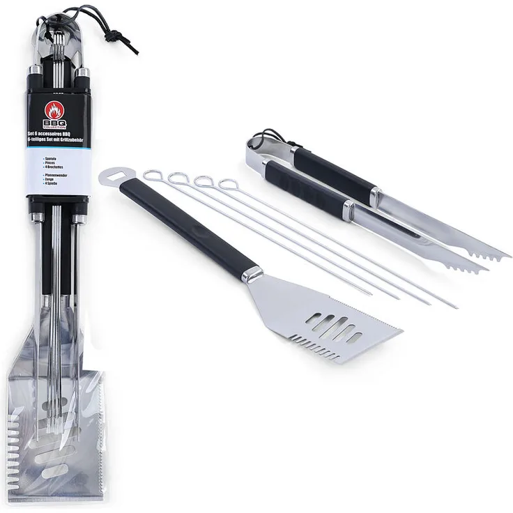 Tenzo-r Premium BBQ Grillzange 4 Spiesse Multiwender Grillbesteck Edelstahl 6-teilig
