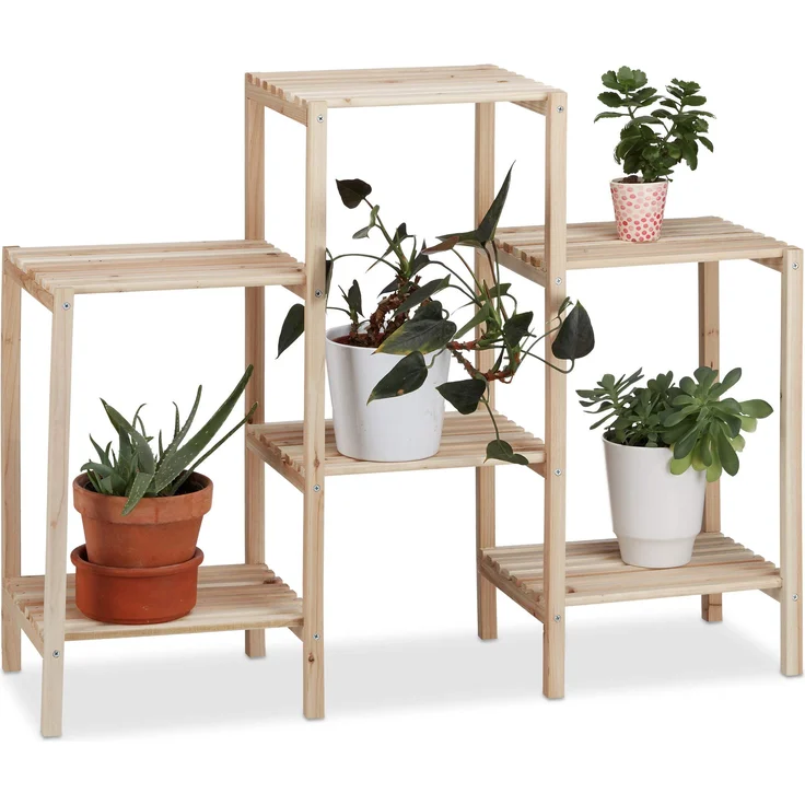 Relaxdays Pflanzenregal Holz, für Innen, stabil, rustikal, rostfrei, massiv, Blumenregal, HxBxT: 70 x 89 x 27 cm, natur