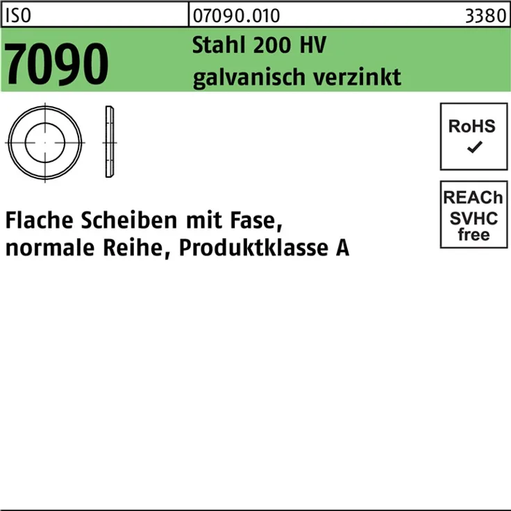 DIVERSE Unterlegscheibe ISO 7090 m.Fase 45 Stahl 200 HV galvanisch verzinkt