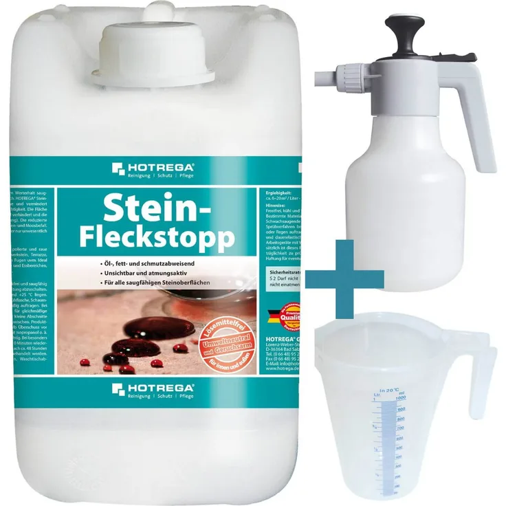 HOTREGA Stein Fleckstopp 5L - umweltneutrale, lösemittelfrei Imprägnierung zum Werterhalt inkl. Druckspritze 1,5L und Messbecher 1L
