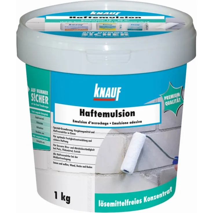 Knauf Haft-Emulsion für Innen- und Außen-Bereich, 1 kg Universal-Grundierung, Putz-Haftgrund zum Grundieren von stark saugenden Untergründen vor Putz- und Spachtel-Arbeiten
