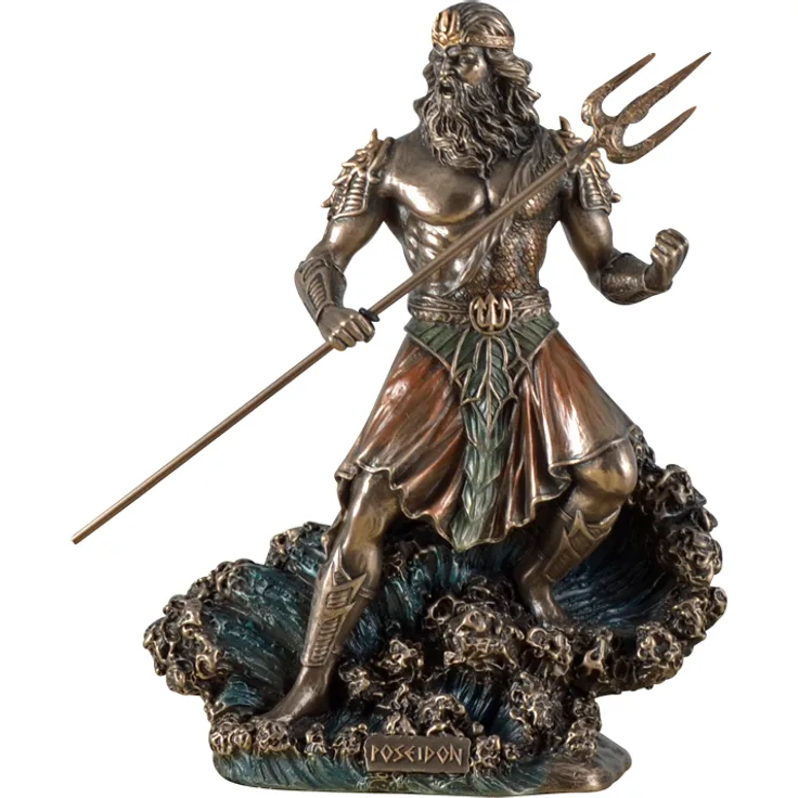 Veronese Figur Meeresgott Poseidon mit Dreizack auf Welle Statue Skulptur Meer Götter Neptun bronziert