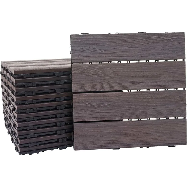 WPC Bodenfliese HHG-169, Holzoptik Balkon-Terrasse, 3D-Struktur linear 11x je 30x30cm 1qm, geprägt grau-braun