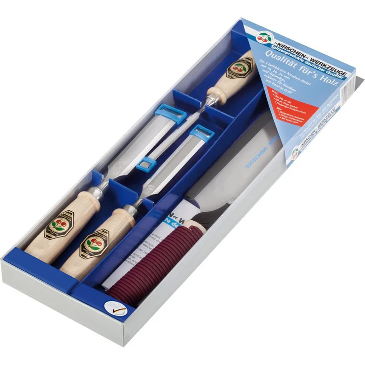 Kirschen 1195000 Stechbeitel-Set + Japansäge 225mm, 4-teilig , kurze, leichte Beitel, Spezial-Werkzeugstahl, Handgeschmiedet, ±HRc61, Winkel: 25°, Je 1x 10, 20, 26mm – Bild 1