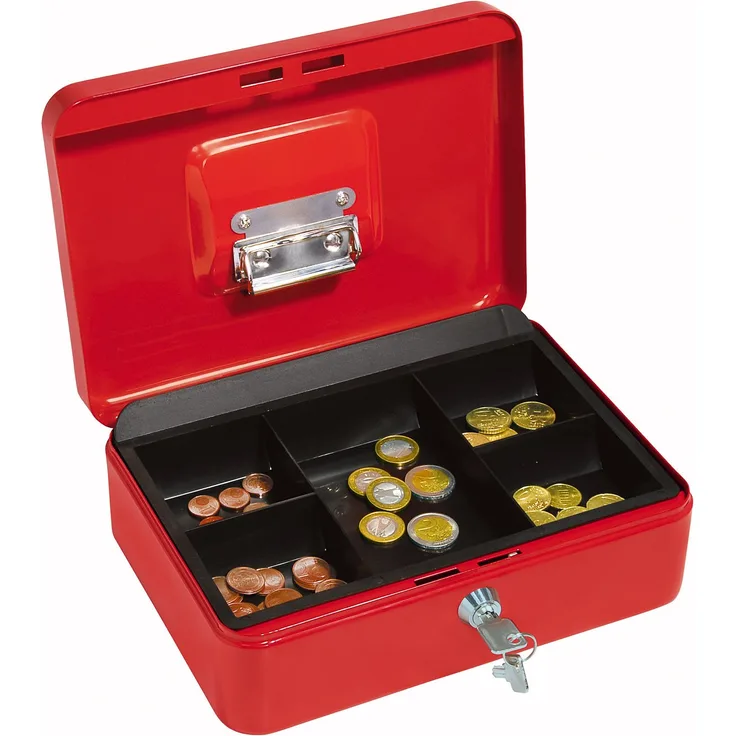 Wedo 145302H Geldkassette (aus pulverbeschichtetem Stahl, versenkbarer Griff, Geldnoten- und Belegeklammer, 5-Fächer-Münzeinsatz, Sicherheits-Zylinderschloss, 25 x 18 x 9 cm) rot