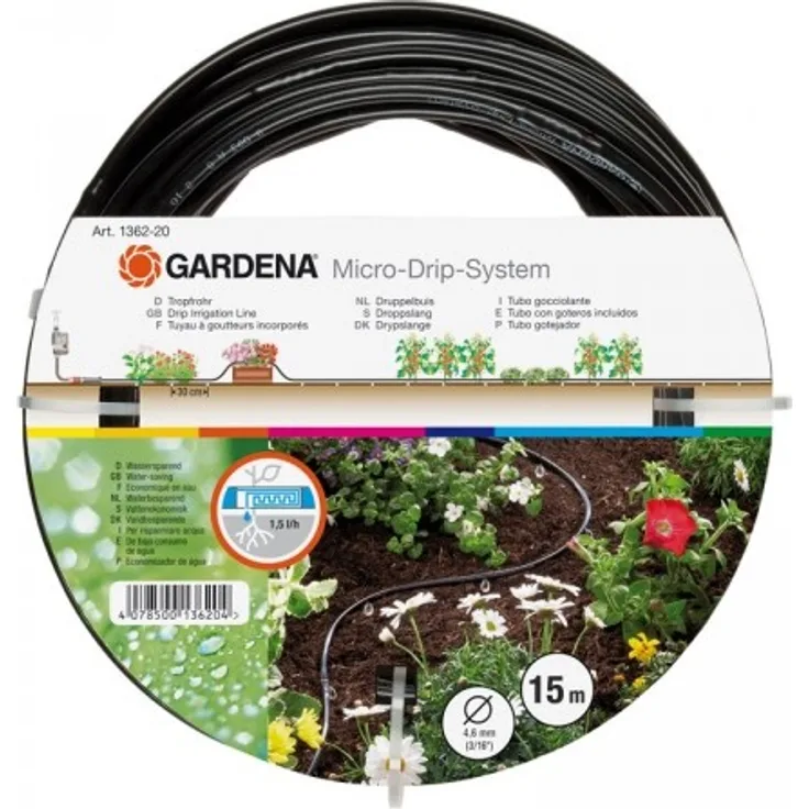 GARDENA Micro-Drip-System Tropfrohr oberirdisch 4.6 mm (3-16 Zoll): Tropfschlauch zum oberirdischen Verlegen, wassersparend, hochflexibel, 15 m (1362-20)