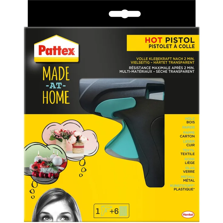 Pattex Made at Home Heißklebepistole, Kleber für kreative Heimwerkarbeiten, Set aus 1x Klebepistole und 6x Heißklebesticks mit 11mm Durchmesser