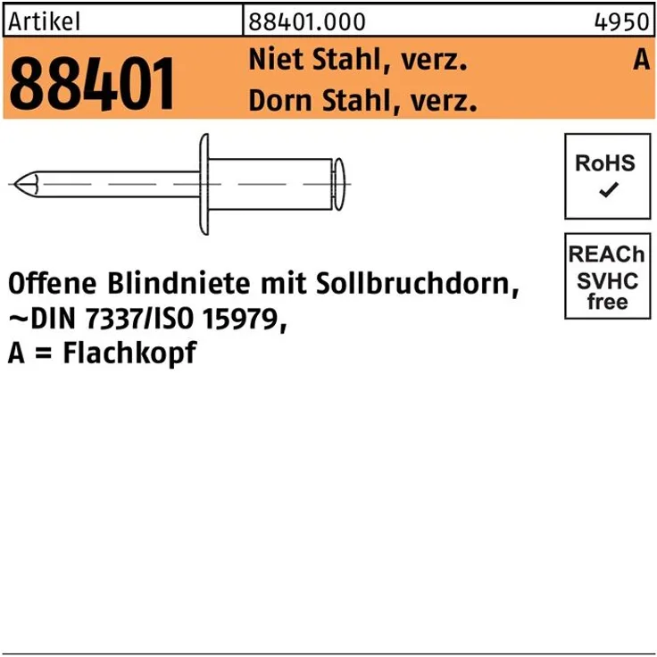 Reyher Blindniete R 88401 Flachkopf 6,4 x 18 Niet Stahl verzinkt-Dorn Stahl verzinkt