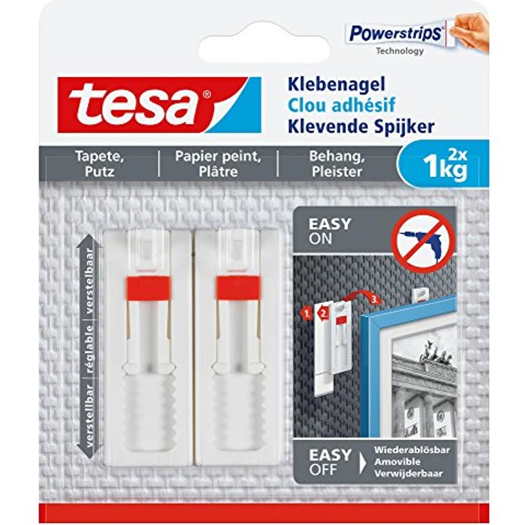 tesa Verstellbarer Klebenagel für Tapeten und Putz - Selbstklebender Nagel von tesa Powerstrips - 2 x 1 kg Halteleistung - Preisvergleich – Bild 1