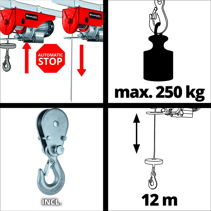 Einhell Seilhebezug TC-EH 250 (500 W, Not-Ausschalter, automatische Bremse und Endabschaltung, inkl. 12 m drallfreiem Drahtseil, Umlenkrolle mit Lasthaken und Sicherheitsbügel) – Bild 5
