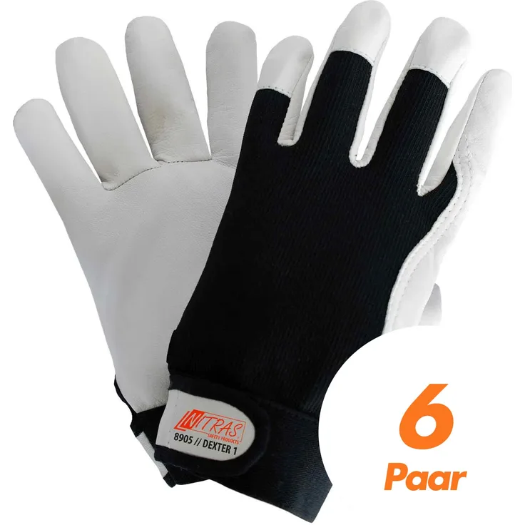 NITRAS Dexter 1 Mechanikerhandschuhe 8905 - Nappaleder schwarz-weiß, ungefüttert, atmungsaktiv, mit Klettverschluss 6 Paar