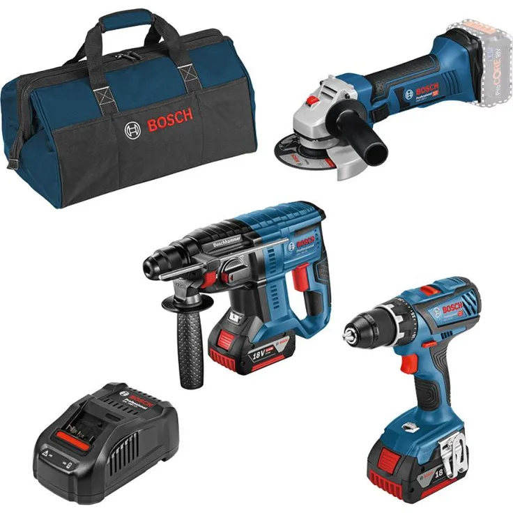 Bosch Professional 18V-Set mit 3 Werkzeugen: GSR + GBH + GWS + 2 x GBA 5.0Ah + GAL + Werkzeugtasche (Bohrschrauber, Kombihammer, Winkelschleifer)