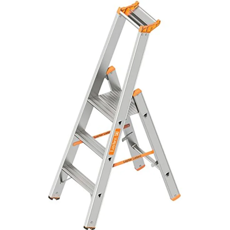 Layher 1064003 Stufenstehleiter einseitig begehbar Topic mit 3 Breiten Stufen, Aluminiumleiter klappbar mit Podest, Länge 1.40 m