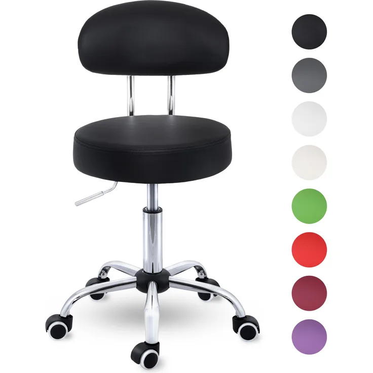 TRESKO Rollhocker Schwarz mit Lehne Arbeitshocker Hocker Drehhocker Kosmetikhocker Praxishocker