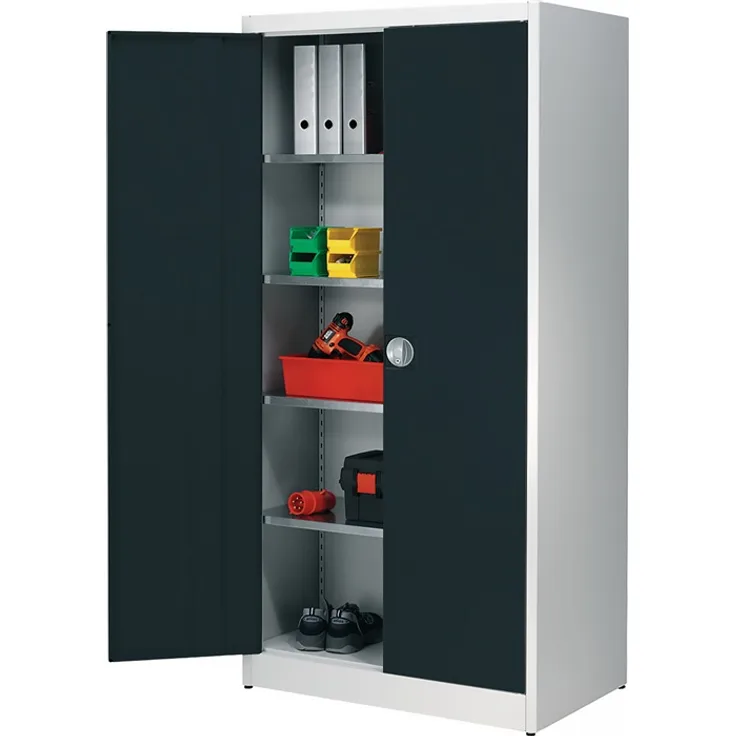 Flügeltürenschrank H2200xB950xT420mm lichtgrau-grau 5 BD m.Höhenausgleich MAUSER