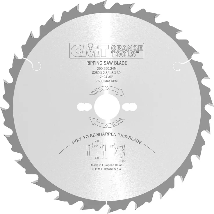 CMT Orange Tools Kreissägeblatt HW 250 x 2,8 - 1,8 x 30 Z=24 10° ATB - 290.250.24M - für Längsschnitte