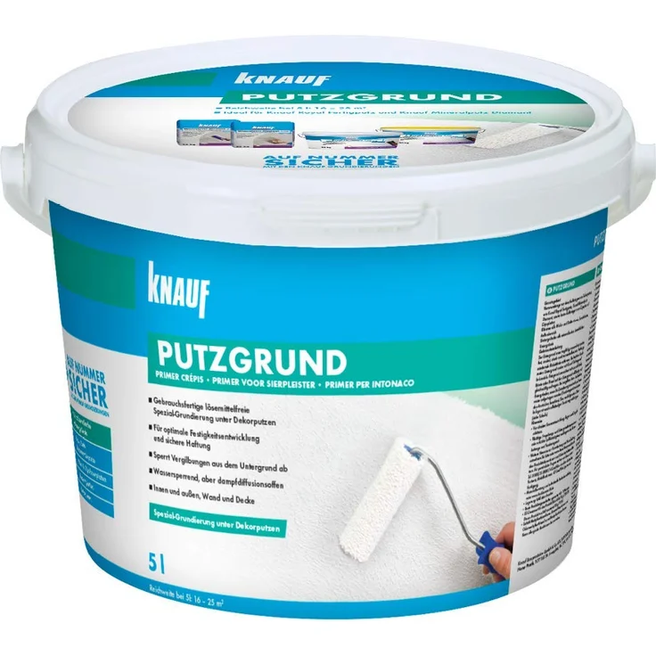Knauf 5761 5 L Putzgrund, gebrauchsfertige Grundierung, Haftvermittler vor dem Auftragen von mineralischen Dekorputzen, atmungsaktiv, lösemittelfrei für Innen-und Außenbereiche, Weiß – Bild 1