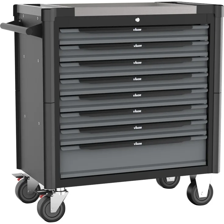 VIGOR Werkstattwagen mit Edelstahl-Arbeitsplatte, inkl. Sortiment (499teilig, 8 Schubladen mit je 25kg Tragkraft, insgesamt 500kg Tragkraft) V4481-X-499