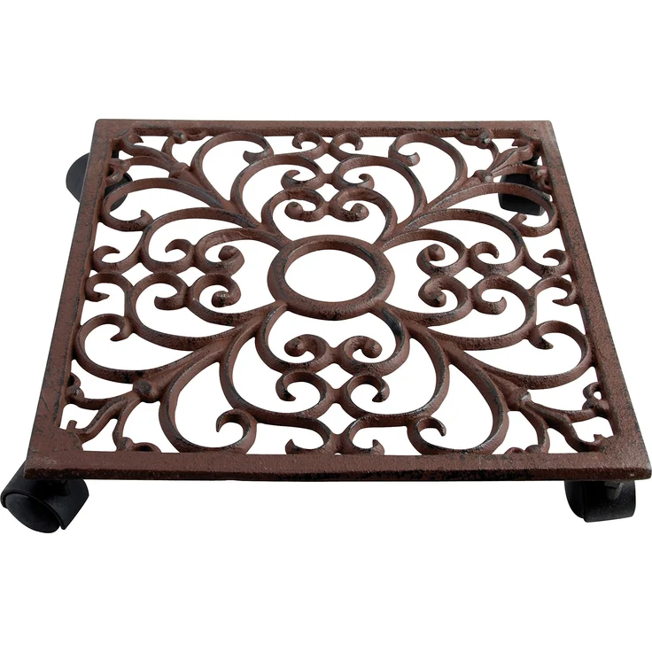 Esschert Design Pflanzenroller, Blumenroller aus Gusseisen, in Rostbraun, quadratisch, ca. 28 cm x 28 cm