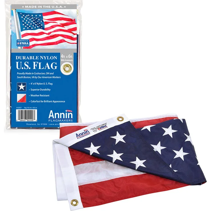 Annin Flagmakers Model 2220 American Flag Nylon SolarGuard NYL-Glo, 4x6 ft, 100% Made in USA with Sewn Stripes, Embroidered Stars and Brass Grommets