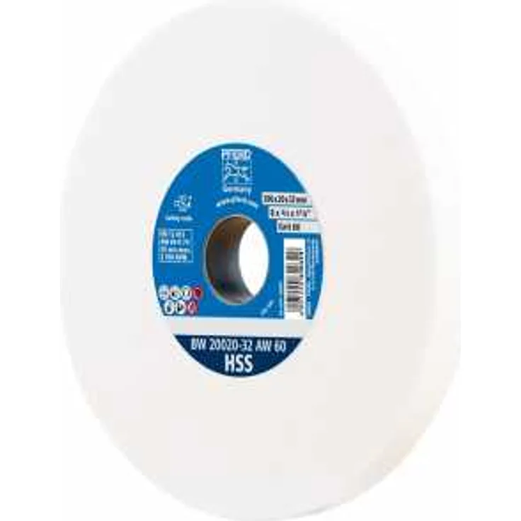 PFERD Schleifbockscheibe, 200x20x32, Ausführung HSS, Korngröße 60, Edelkorund weiß, 39008437 – Schleifbockscheibe für das Bearbeiten hochlegierter Stähle mit integrierten Reduzierhülsen (25-20-16mm) – Bild 1
