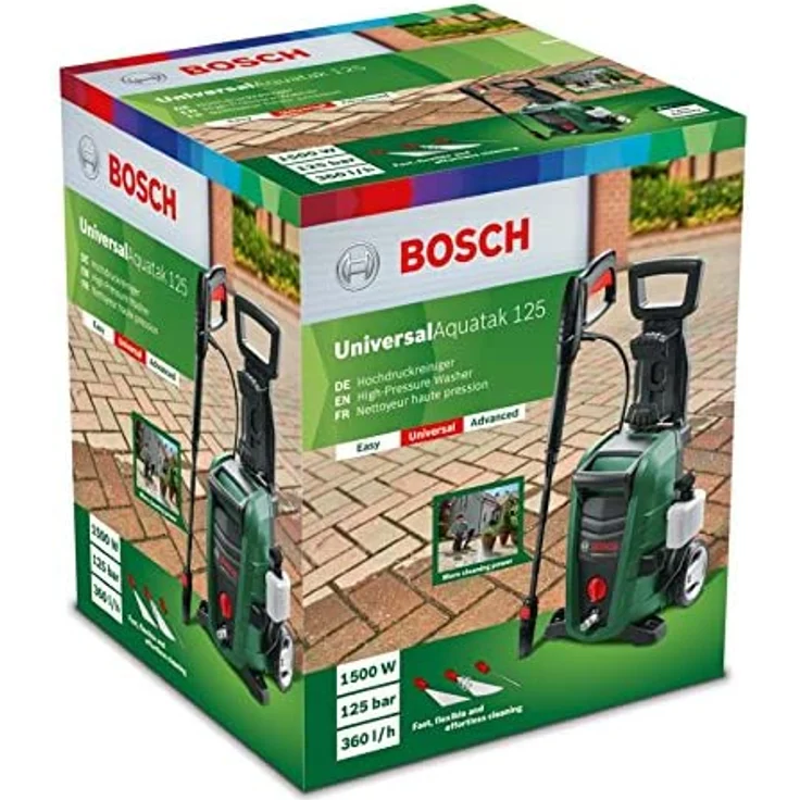Bosch DIY UniversalAquatak 125 Hochdruckreiniger 3-in-1-Düse, Schaumdüse, transparenter Wasserfilter, Hochdruckpistole, 5 m Schlauch, 5 m Kabel, 1500 Watt, Druck: 125 bar, max. Fördermenge: 360 l-h – Bild 5