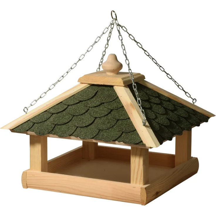 dobar 44256e Klassisches Vogelhaus aus Holz (Kiefer) für Garten, Balkon, mit grünen Bitumenschindeln, stabiler Metallkette zum Aufhängen - Vogelhäuschen Vogel-Futterhaus