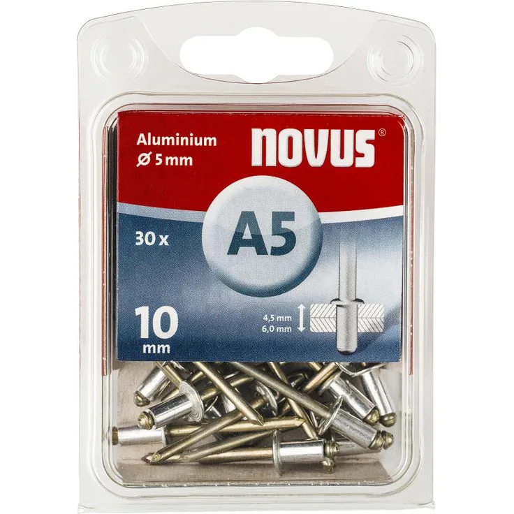 Novus Aluminium-Blindnieten 10 mm Länge, 30 Nieten, Ø 5 mm, 4.5-6.0 mm Klemmlänge, für Nichteisen Metall und Leder