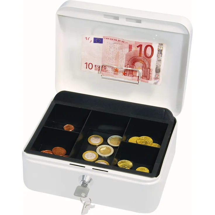 Wedo 145200H Geldkassette (aus pulverbeschichtetem Stahl, versenkbarer Griff, Geldnoten- und Belegeklammer, 5-Fächer-Münzeinsatz, Sicherheits-Zylinderschloss, 20 x 16 x 9 cm) weiß